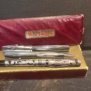 Vintage Waterman Sterling Silver Filigree Overlay Fountain Pen and Pencil Set wi